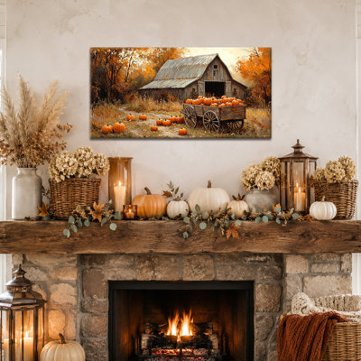 Art mural d'automne, toile d'art citrouille murale, scène d'art mural d'automne, décoration murale d'automne rustique, style maison de campagne, toile tendue avec châssis pour le salon, la salle à manger, l'entrée, 12 po x 24 po