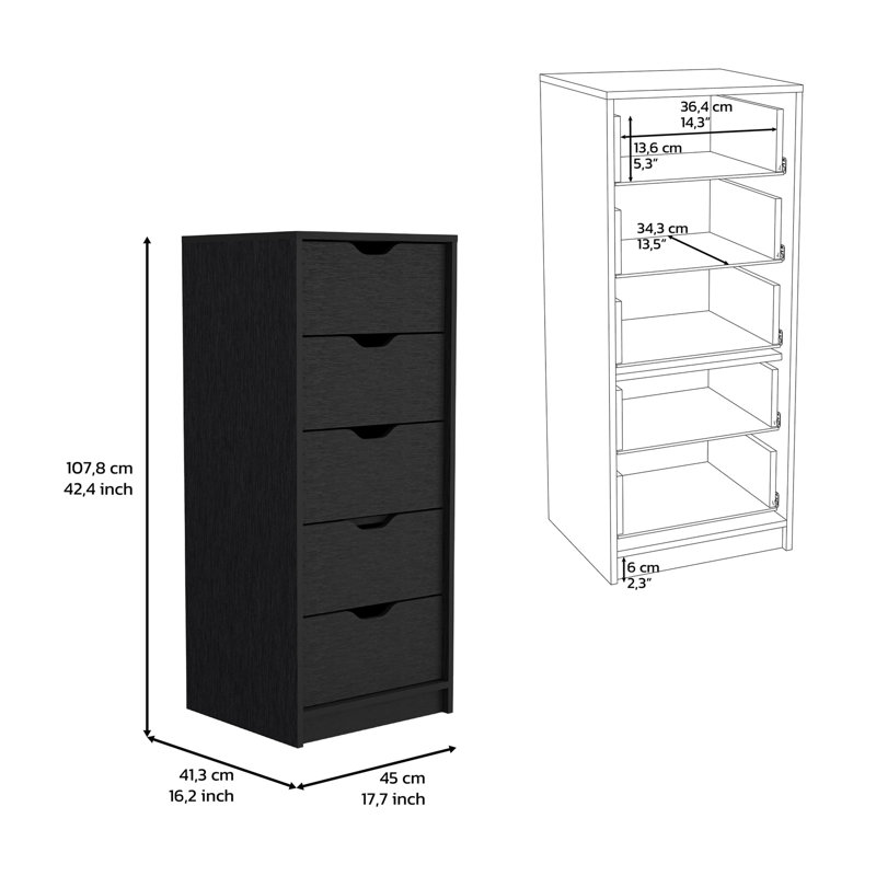 Commode H 42 po, 5 tiroirs, commode de rangement mince, noir, Noir