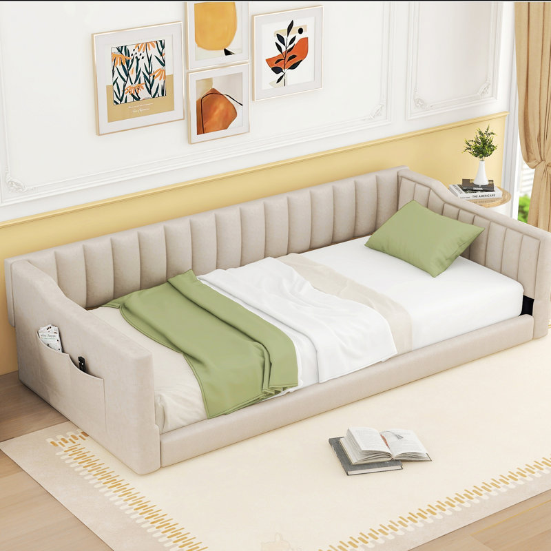 Twin XL Size Upholstery Daybed And Side Storage Pocket, Beige