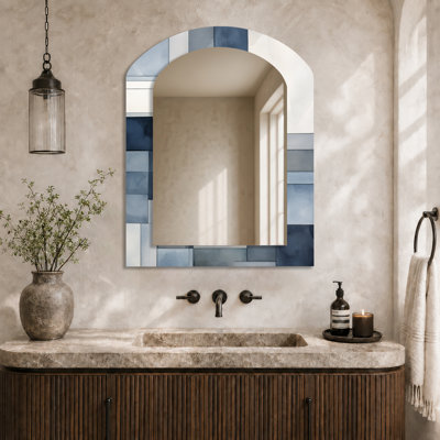 Modern Decorative Wall Mirror – Cubist Dreams Watercolor in Faded Retro Navy Blue, Metal Print