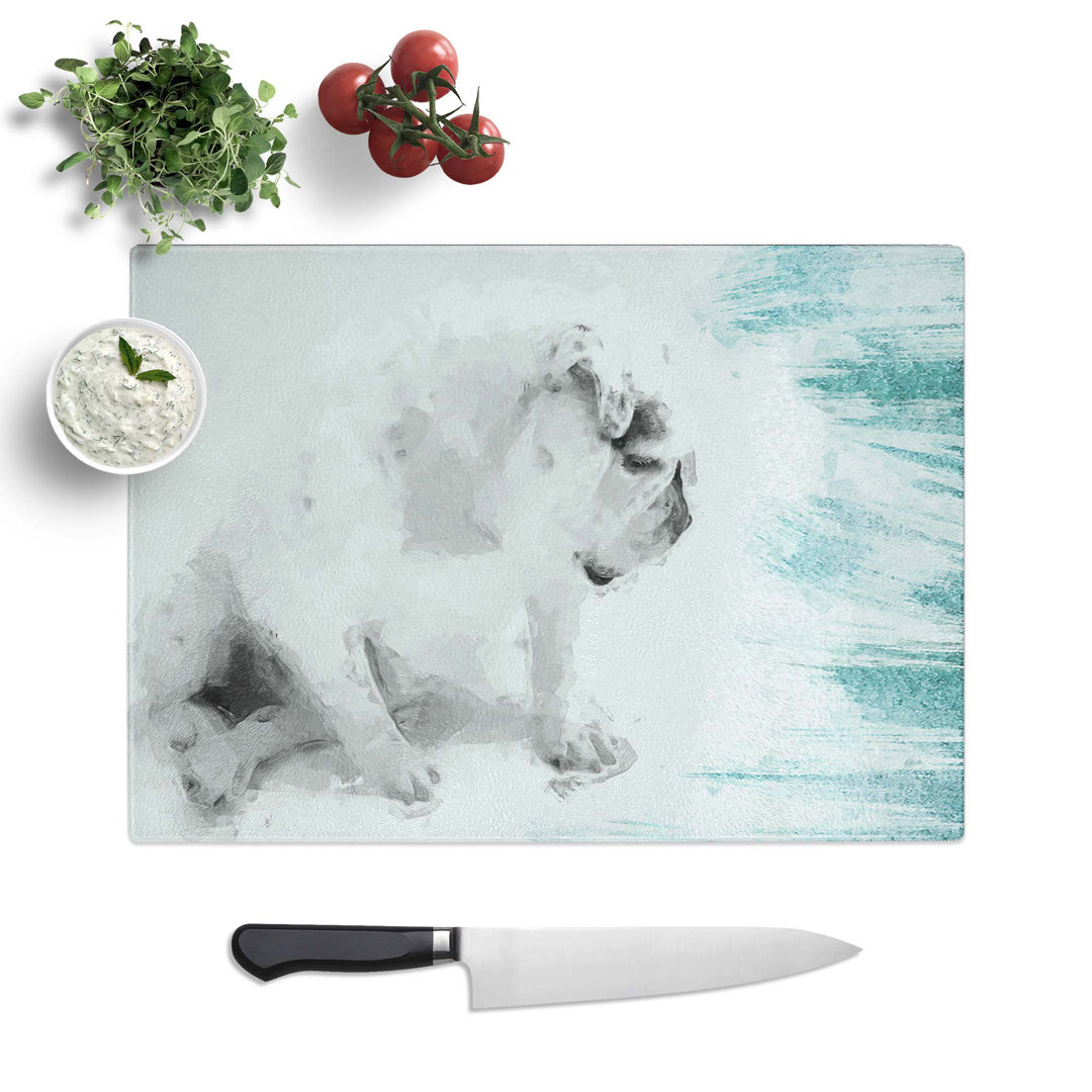 Tempered Glass White British Bulldog Profile in Abstract Chopping Board