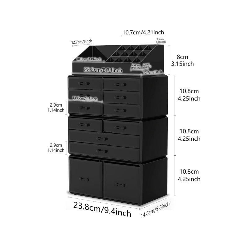 Makeup Cosmetic Organizer Storage Drawers Display Boxes Case with 12 Drawers (Black)