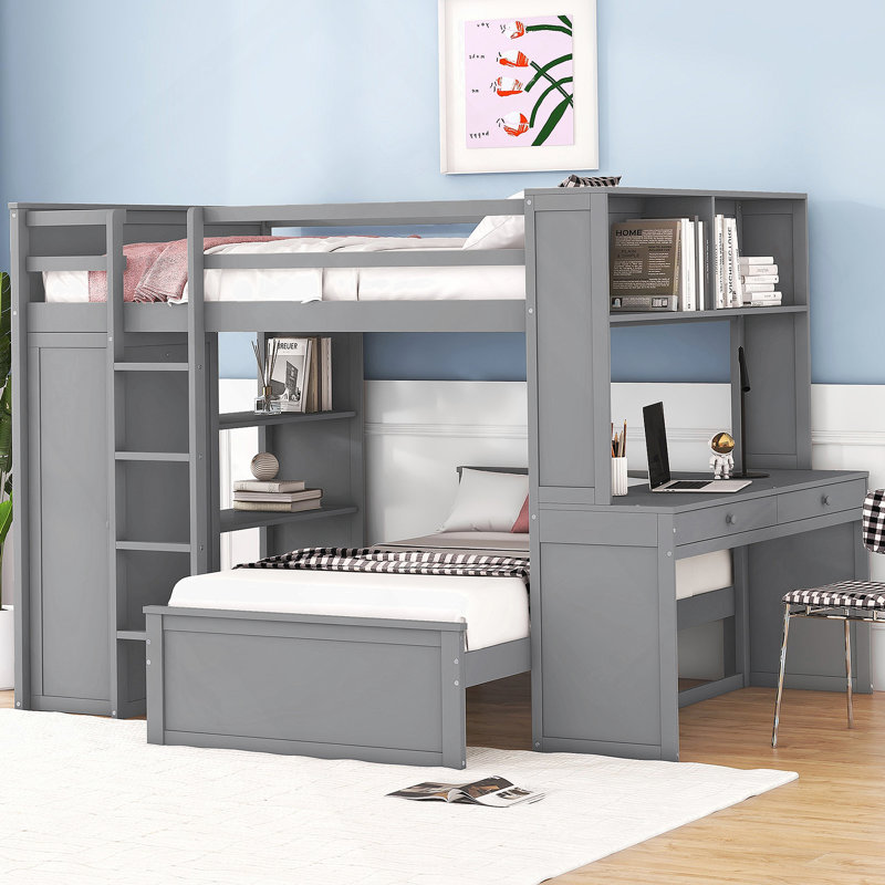 Lit mezzanine Keavion avec lit simple, tablettes, bureau et garde-robe, Double, Gris