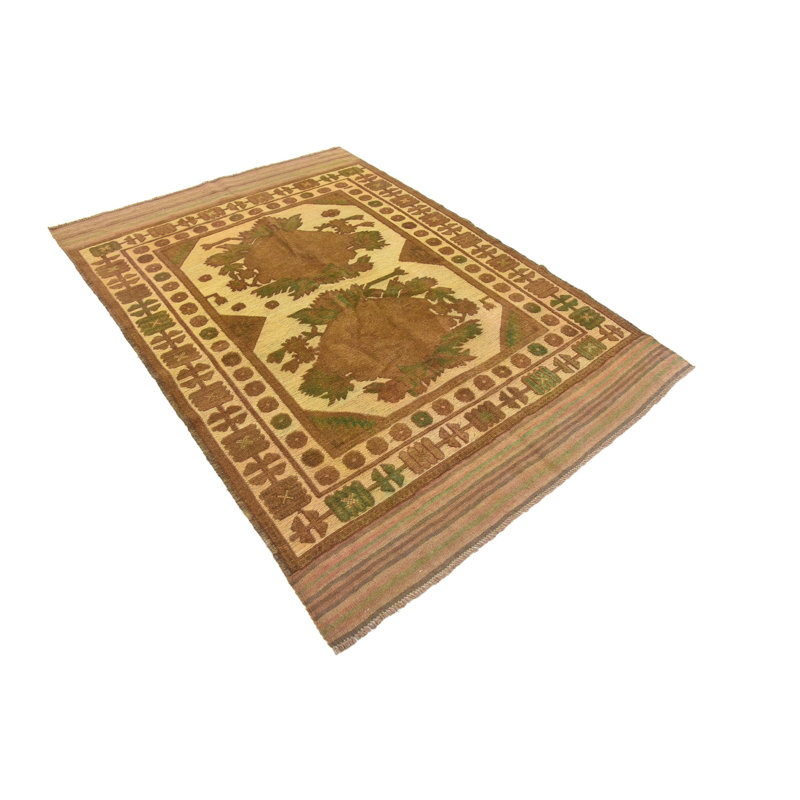 Tapis de zone en laine beige noué la 4 pi x 6 po one-of-kind Earley