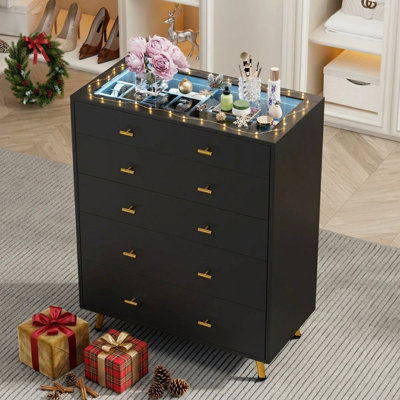 30.7"W 5 Drawer Dresser with LED Lights, 39"H Tall Chest Of Drawers For Bedroom & Wardrobe Closet Island With Tempered Glass Top & Jewelry Dresser & Glass Dresser, Black