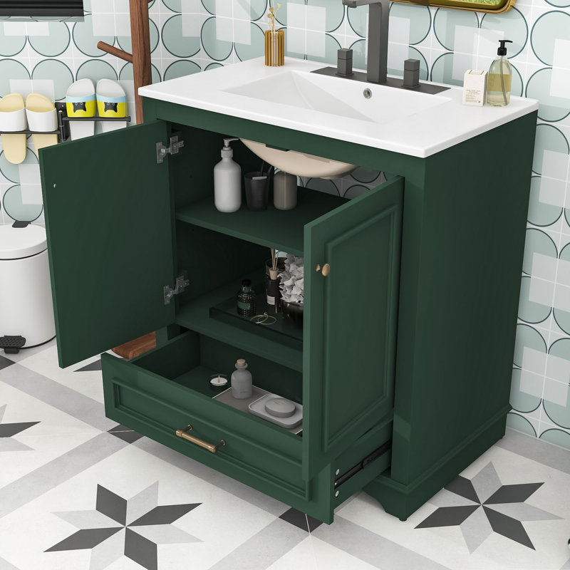 Meuble-lavabo moderne avec lavabo en céramique, tablette réglable et tiroir de rangement, Vert