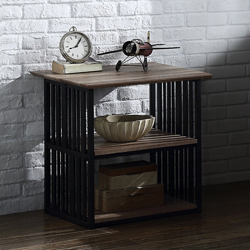 Rustic Industrial And Open Shelves Nightstand 1Pc Metal Frame Durable Bedroom Furniture