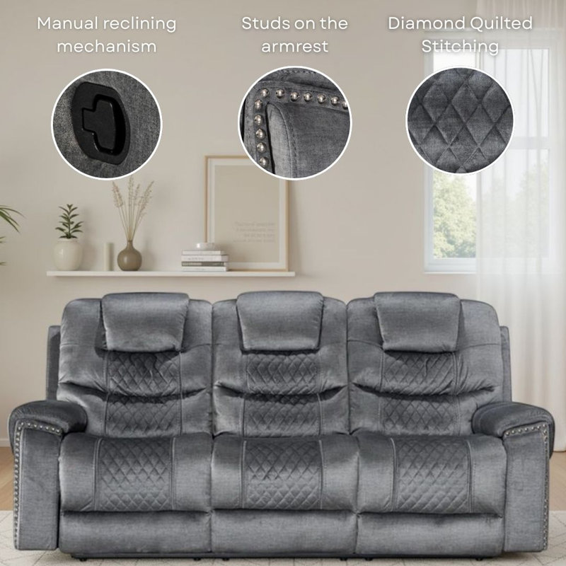 Pauling Manual Recliner Sofa, 3, Grey Chenille Fabric