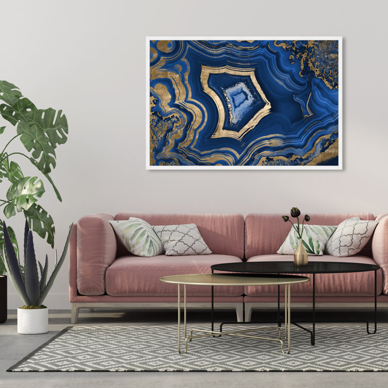 «Blue and Gold Abstract Geode» par Oliver Gal - reproduction, Cadre blanc, H 38 po x l 38 po