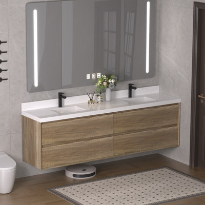 84" Wall-Mounted Double Bathroom Vanity with White Quartz Top and Sinks