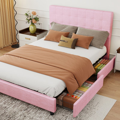 Grand lit tapissier avec 4 tiroirs de rangement, tête de lit capitonnée en velours, sans sommier