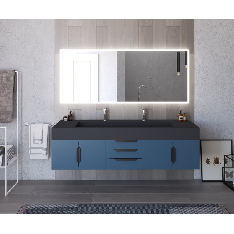 Nile 72" Wall-Mounted Single Bathroom Vanity Set, Black, Black, Blue