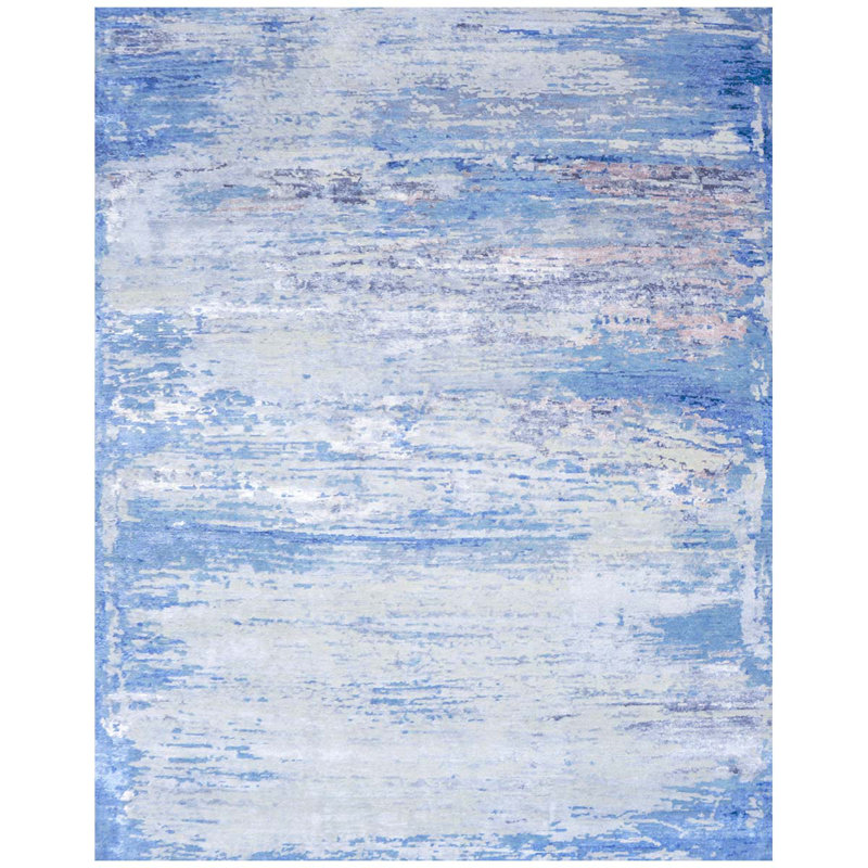 Tapis tissé à la main en argent / bleu, Rectangle 7 pi 9 po x 9 pi 9 po