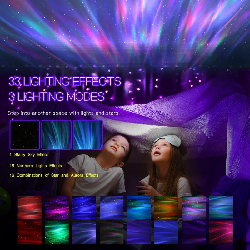 Projecteur Aurora Northern Galaxy Light avec 33 effets de lumière, veilleuse à DEL avec veilleuse pour chambre à coucher, télécommande, bruits blancs, haut-parleur Bluetooth pour fêtes noir
