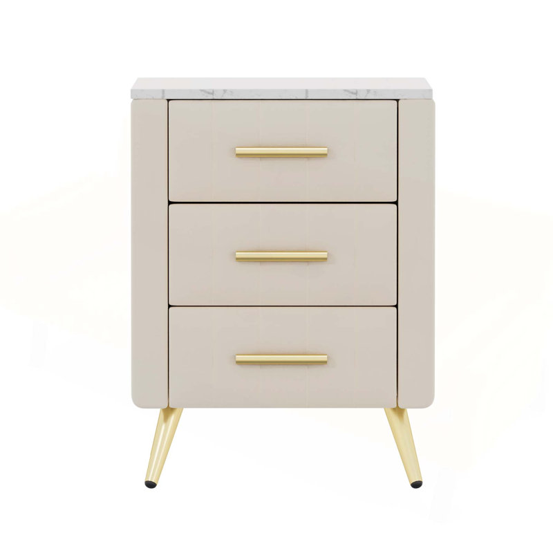 Upholstered Wooden Nightstand with 3 Drawers, Metal Legs & Handles, and Marbling Stickers Worktop - Beige, Beige