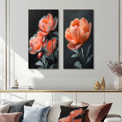 Verre et pivoines roses, rendez-vous romantique I - pivoine, ensemble de 2 reproductions d'art mural en métal