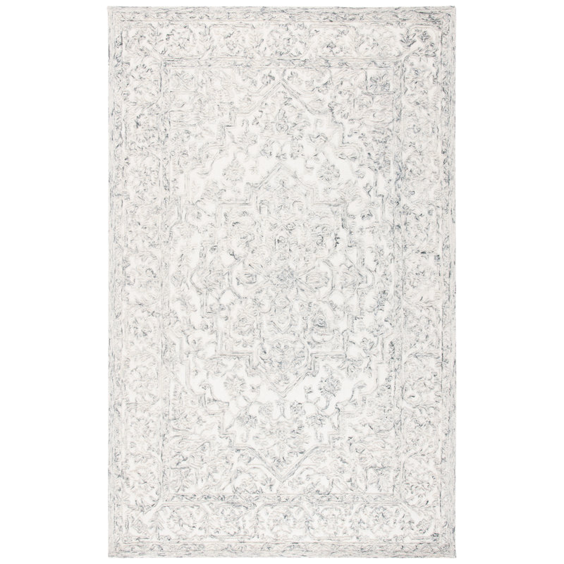 Tapis gris / ivoire en laine touffeté à la main Conant, Rectangle 2 pi 6 po x 4 pi