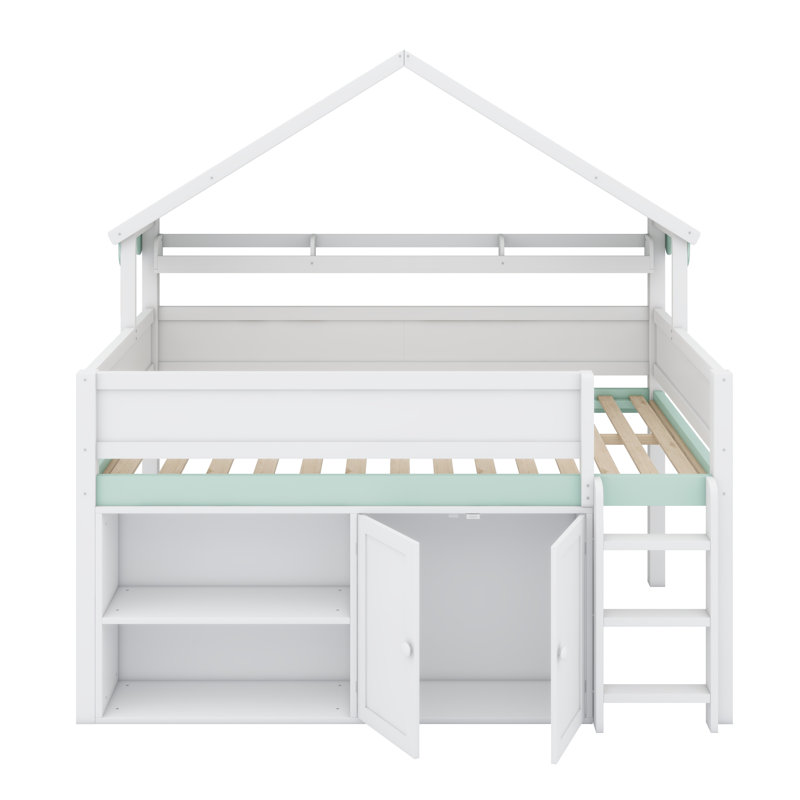 Lit mezzanine peu encombrant avec toit à baldaquin et solutions de rangement intégrées, Blanc et vert