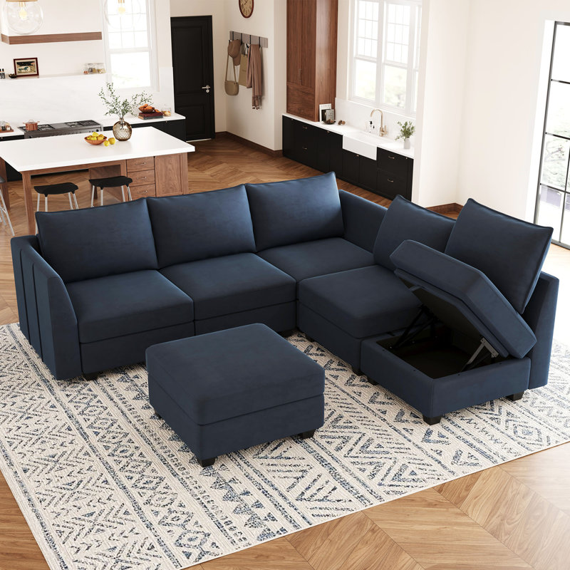 Canapé modulaire en L 7 pièces Allinson, Velours bleu