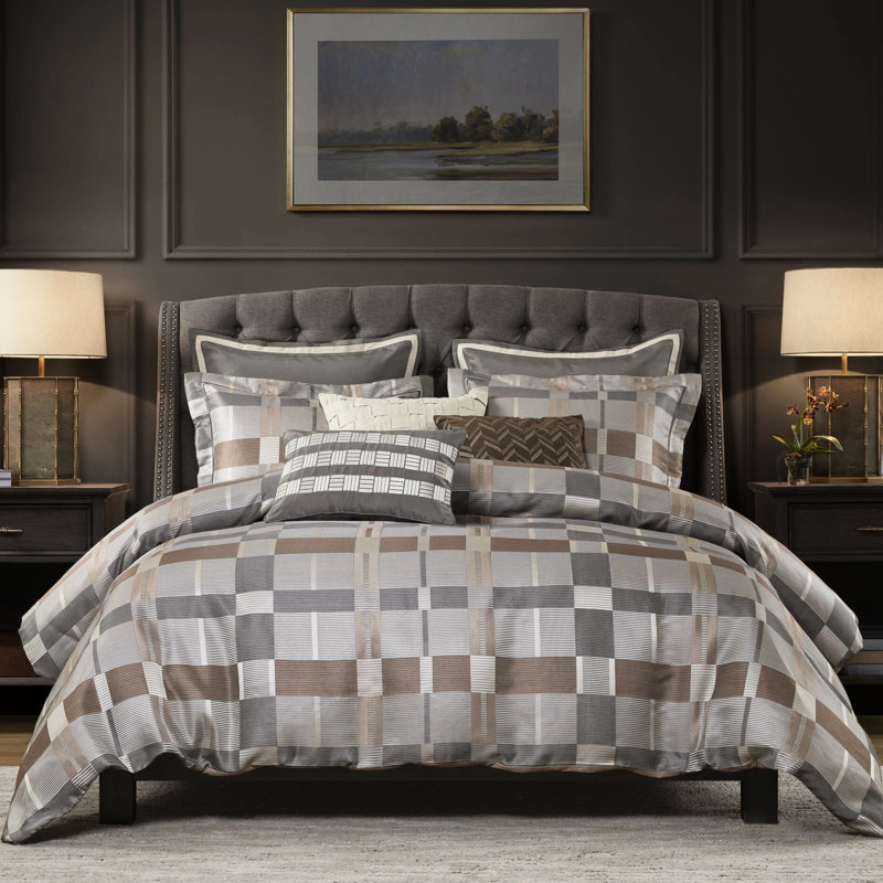 Édredon grand 8 pièces taupe avec design multicolore, élégance transitionnelle, motif damier, chaleur toute l'année et matériaux hygiéniques