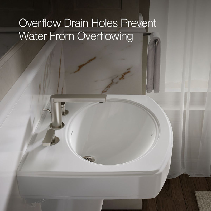 Pinoir® Vitreous China U-Shaped Semi-Pedestal Bathroom Sink with Overflow, White, 8" Centers