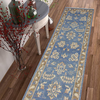 Tapis de couloir bleu marine / brun en laine noué à la main 2 pi 7 po x 12 pi 2 po Grigori