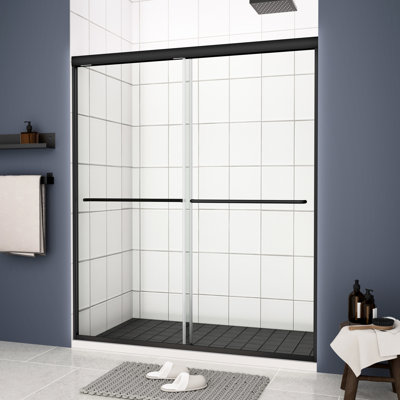 Porte de douche Bypass coulissante, 56 - 60 "x 70". Verre trempé de 1/4 po avec passe-partout noir mat. Rail supérieur, poignée en acier inoxydable no 304. Fuite lisse. Nano facile à nettoyer, film éclatant. 36 000 fois ouvert / fermé. Installation