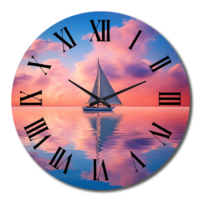 Horloge murale voilier rose et coucher de soleil, Grand