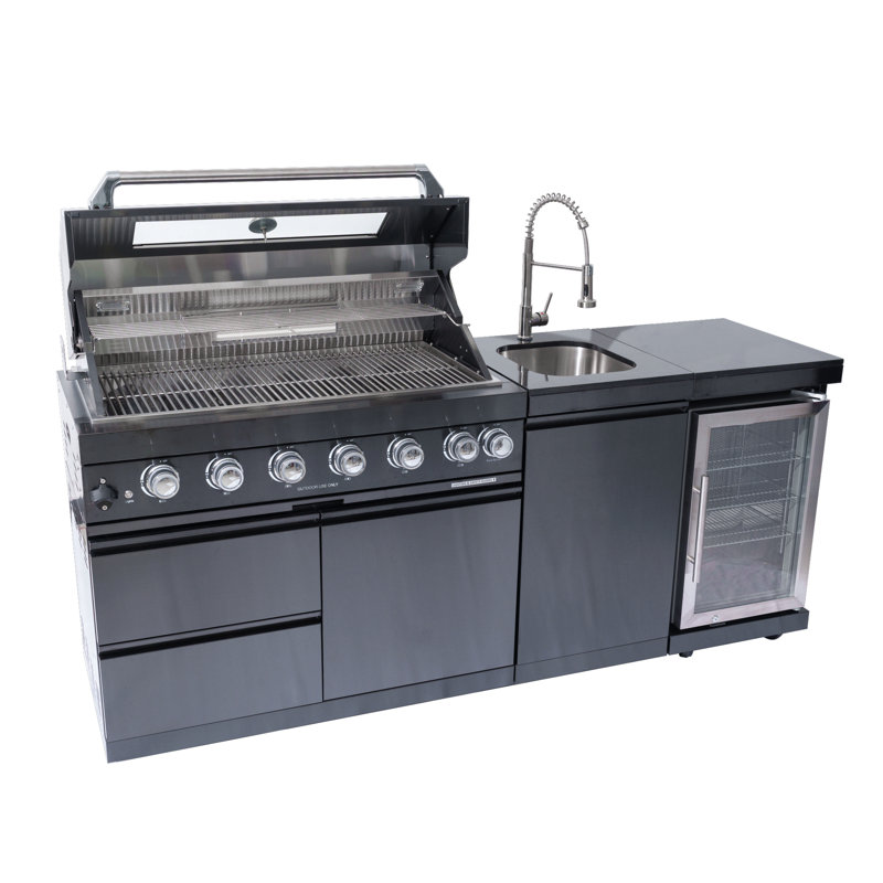 Îlot de cuisine de 43 pouces à 6 brûleurs et 85 000 BTU de cuisine au gaz en acier inoxydable pour barbecue et îlot de cuisine + réfrigérateur à vin compact + ensemble de rôtisserie + comptoirs en granite + évier en acier inoxydable