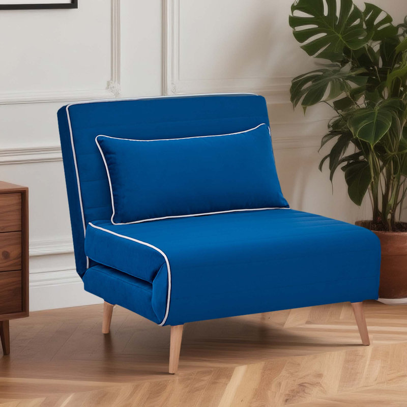 73" Velvet Foldable Sofa Bed with Solid Wood Legs, 3-Position Adjustable Back, Blue