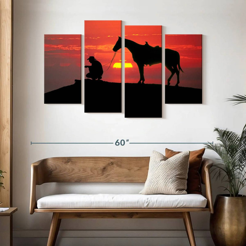 Cowboy de Brampt au coucher du soleil, H 32 po x l 52 po