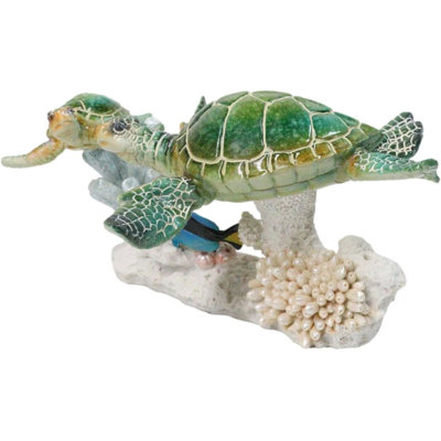 Green Sea Turtles Family Swimming By Coral Reef Sea Anemone Blue Fish Figurine
