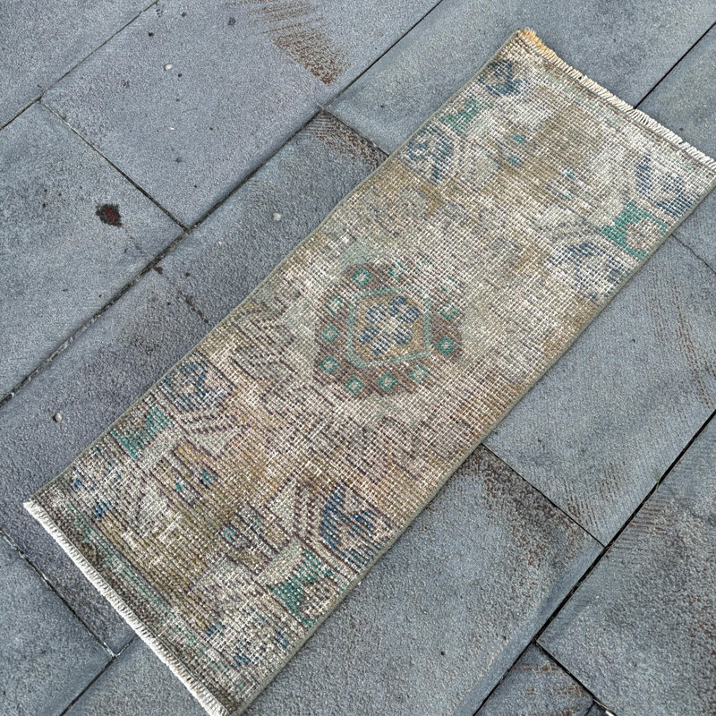 Vintage Turkish Runner Rug with Distressed Look, Neutral Tones and Geometric Designs for Entryway