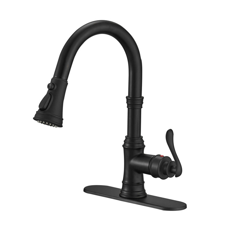 Robinet de cuisine rétractable à poignée simple avec accessoires, Noir mat