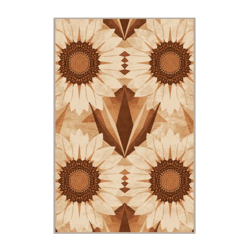 Machine Washable Ortencia Sunflower Farmhouse / Country Geometric Shapes Rug in Beige – Beige Binding, 7x10