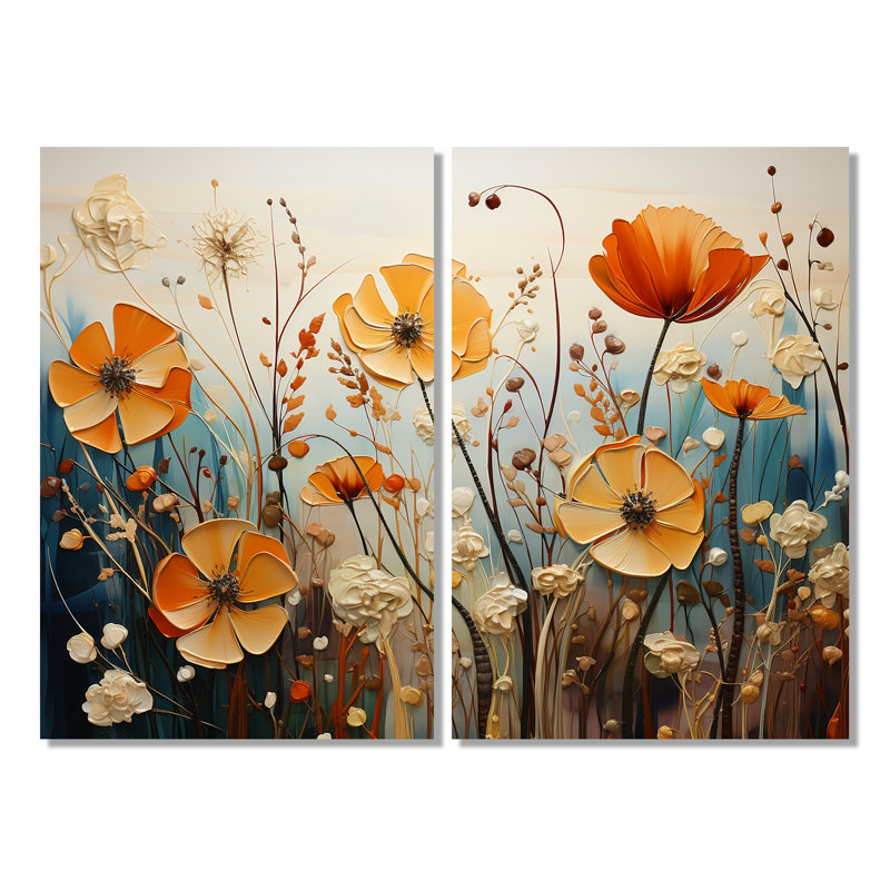 Collage de fleurs orange saisonnier saisonnier II - Art mural traditionnel, H 36 po x l 48 po, Toile tendue