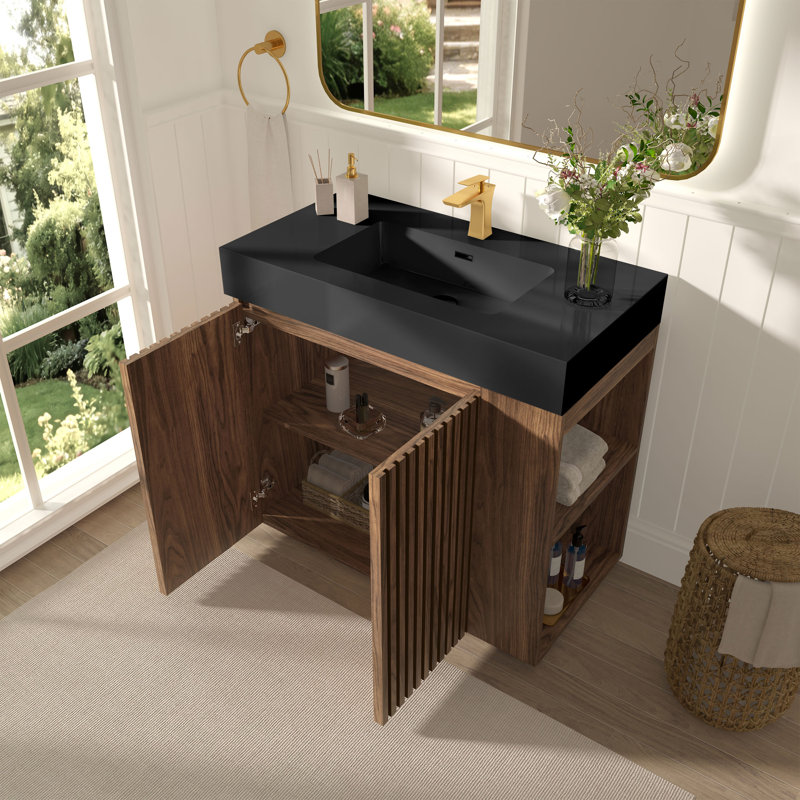 Meuble-lavabo de salle de bain avec surface solide, Noir / brun, Monotrou