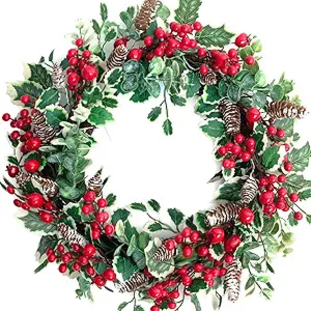 The Holiday Aisle® 18 Inch Holly Berry Pine Cones Wreath Christmas ...