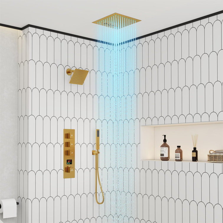 Rainfall Symphony 12" Flush Mount Rainfall Temperature Display Thermostatic Shower System with 64 Color LED and Music