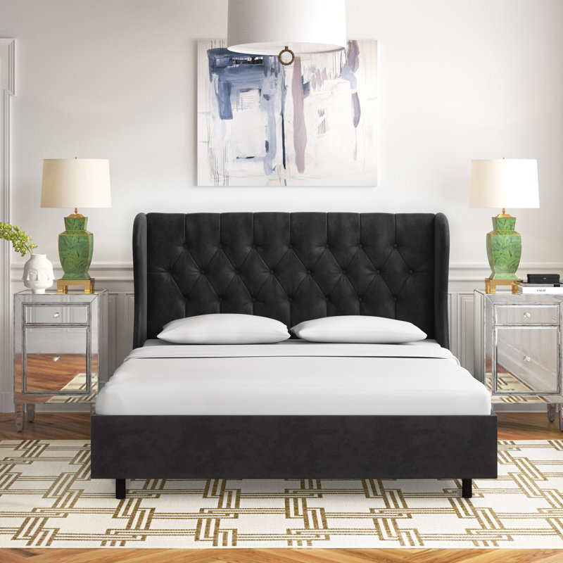 Lit plateforme tapissier Azariah, Très grand californien, Velours performance noir classique