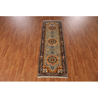 Light Blue Traditional Indian Runner Rug 3x8
