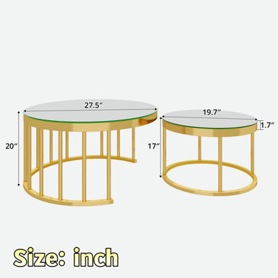 Set of 2 Modern Nesting Coffee Table with Tempered Glass Tabletop and Gold Metal Frame
