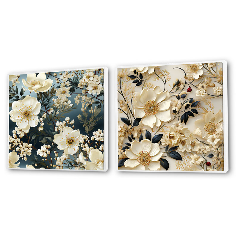 Otero - Ensemble de 2 collages carrés floraux, Cadre flottant blanc, H 36 po x l 73 po