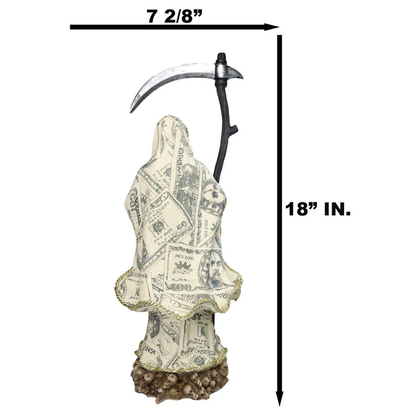 Statuette de la Sainte Mort avec faux et boule de cristal, vêtue d'une robe en billets de banque.