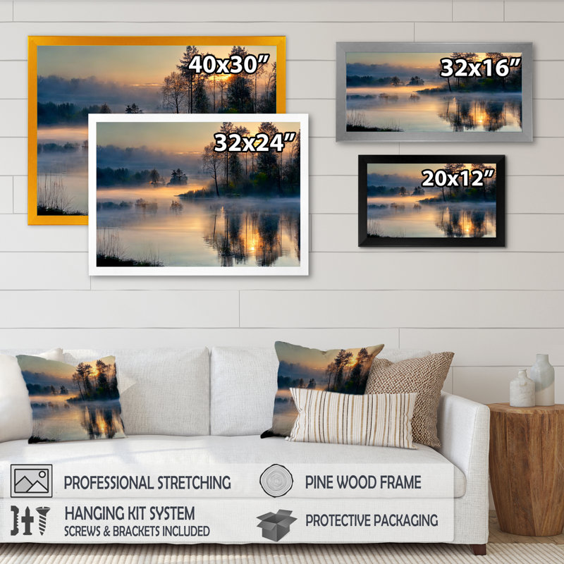 Rasheed matin brouillard au-dessus du lac coucher de soleil II - art mural lac, Cadre doré simple, H 24 po x l 32 po x P 1 po