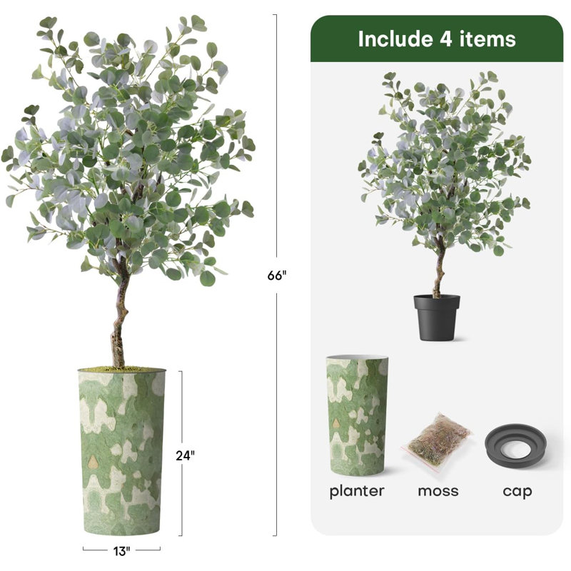 Arbre artificiel dans un pot de fleurs moderne, faux arbre en soie d'eucalyptus (décoration en pot et arbre), Vert abstrait