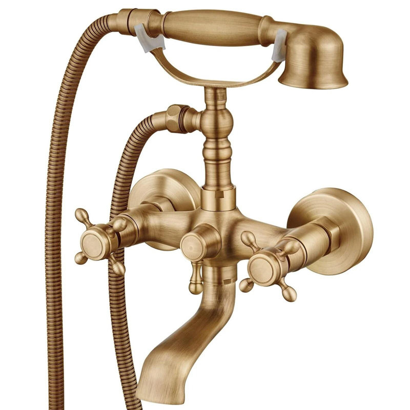 Robinet de baignoire à pattes en laiton antique avec douchette croisée