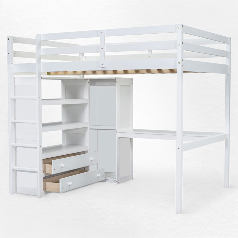Lit mezzanine double avec bureau encastré et rangement, Blanc