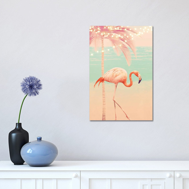 Pink Flamingo On The Beach by Emanuela Carratoni - Wrapped Canvas Print, 30.48 cm H x 45.72 cm W