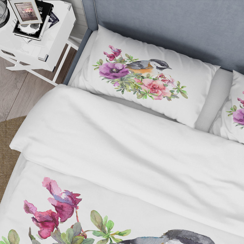 Oiseau mignon en fleurs roses et mauves - Ensemble de housse de couette traditionnel - Microfibre de polyester